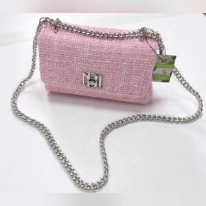 Badgley Mischka Pink Tweed Crossbody Bag Silver Chain Shoulder Purse NWT